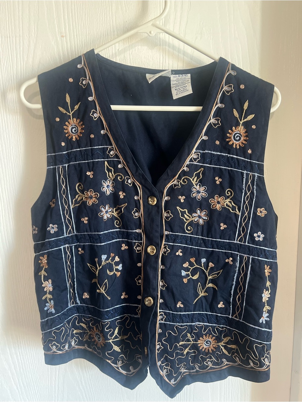 Vintage Bobbie Brooks Navy Boho Floral Embroidered Vest Button Front Size M